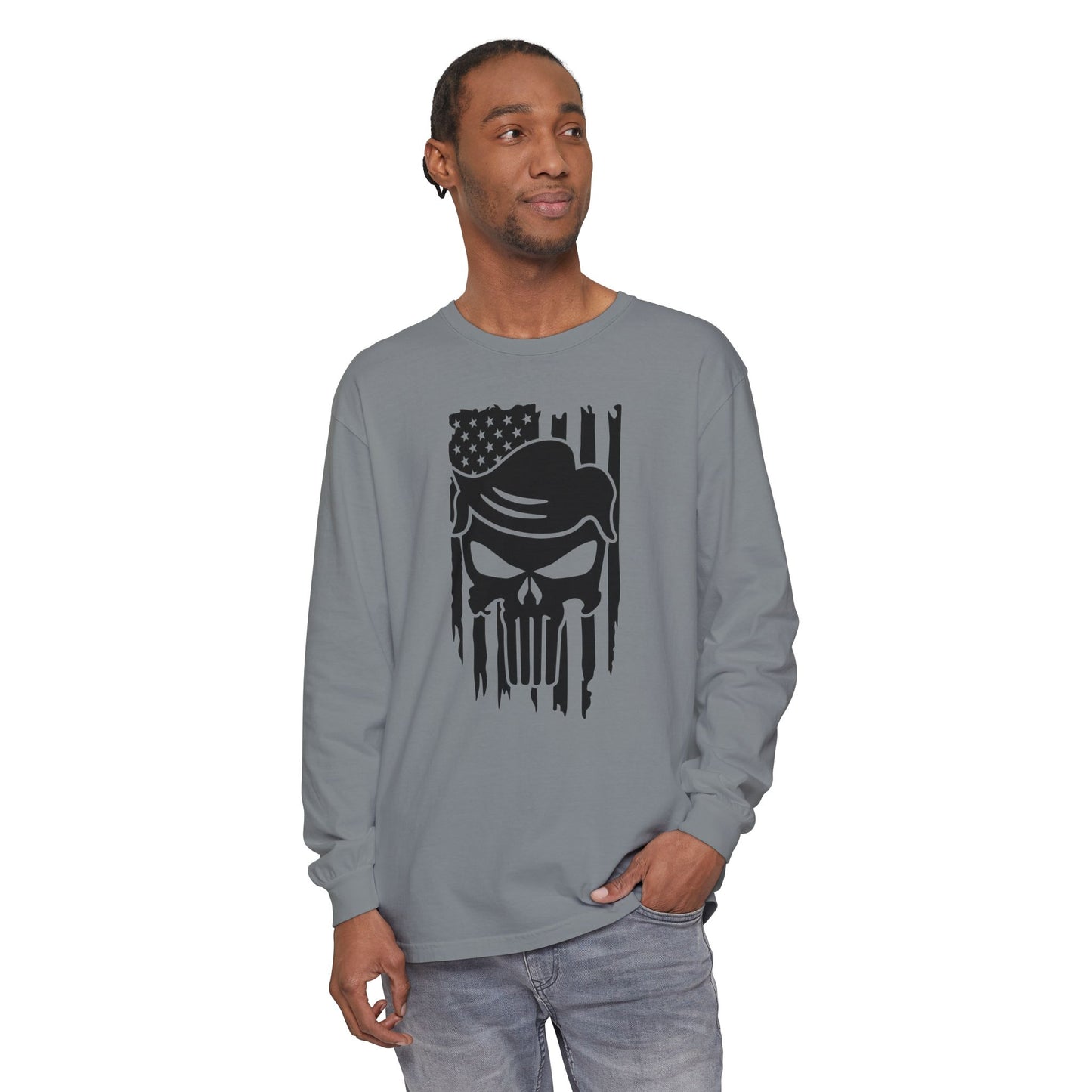 Trump-Patriot Skull & Flag Design - Unisex Long Sleeve T-Shirt - Skull Design with American Flag