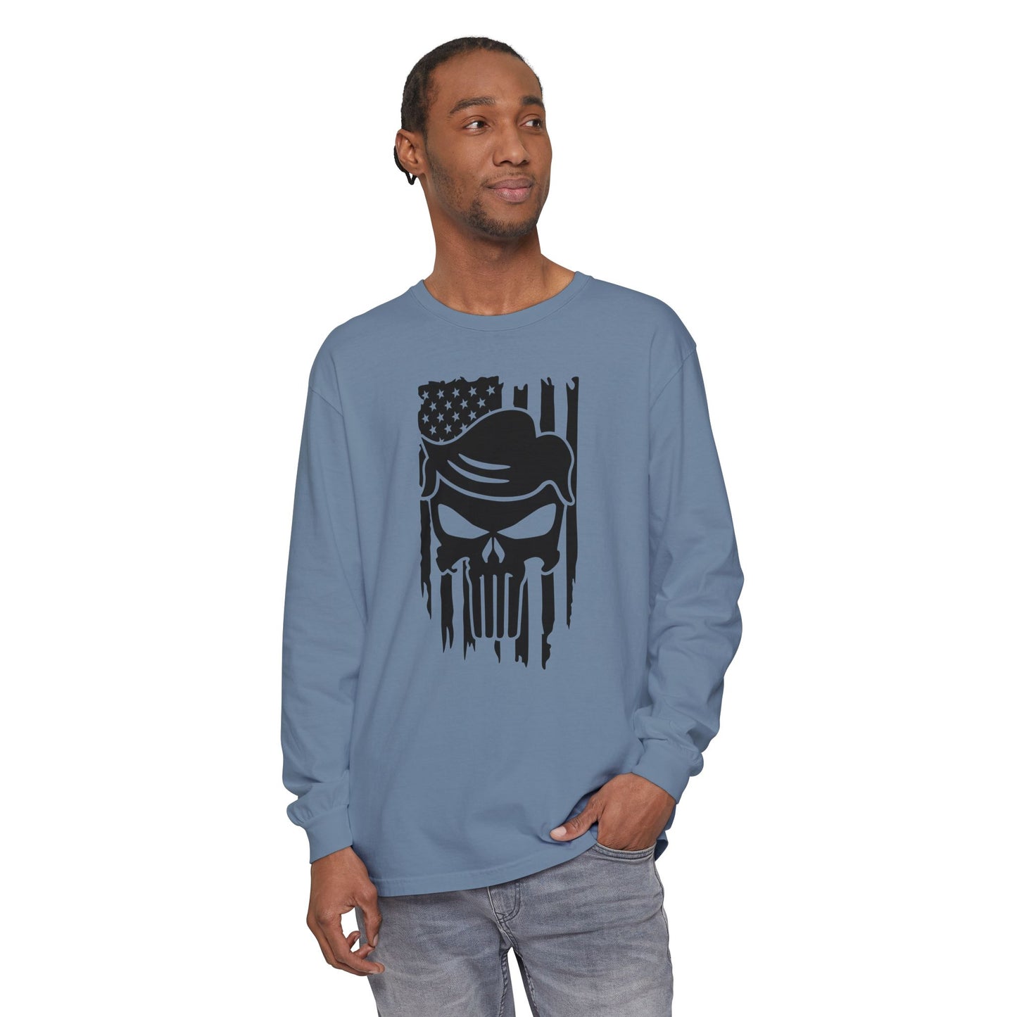 Trump-Patriot Skull & Flag Design - Unisex Long Sleeve T-Shirt - Skull Design with American Flag