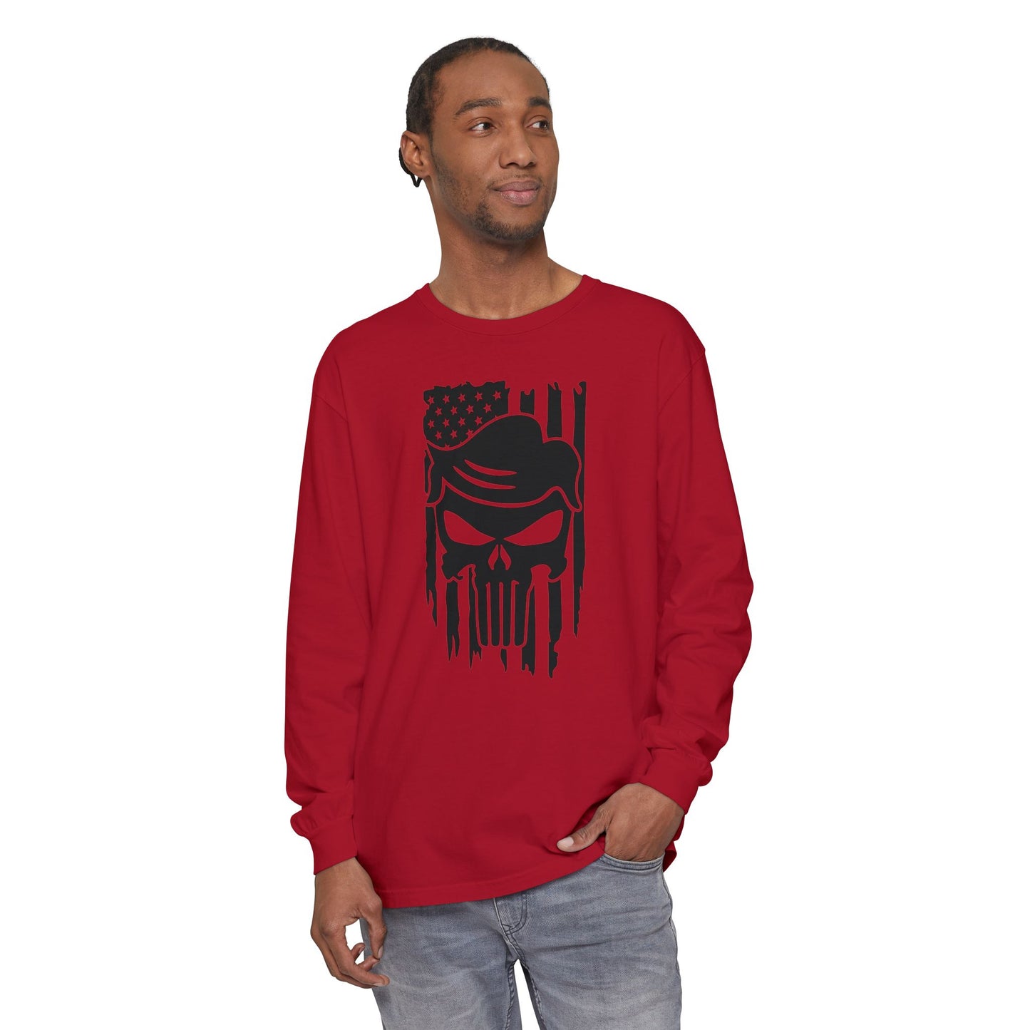 Trump-Patriot Skull & Flag Design - Unisex Long Sleeve T-Shirt - Skull Design with American Flag