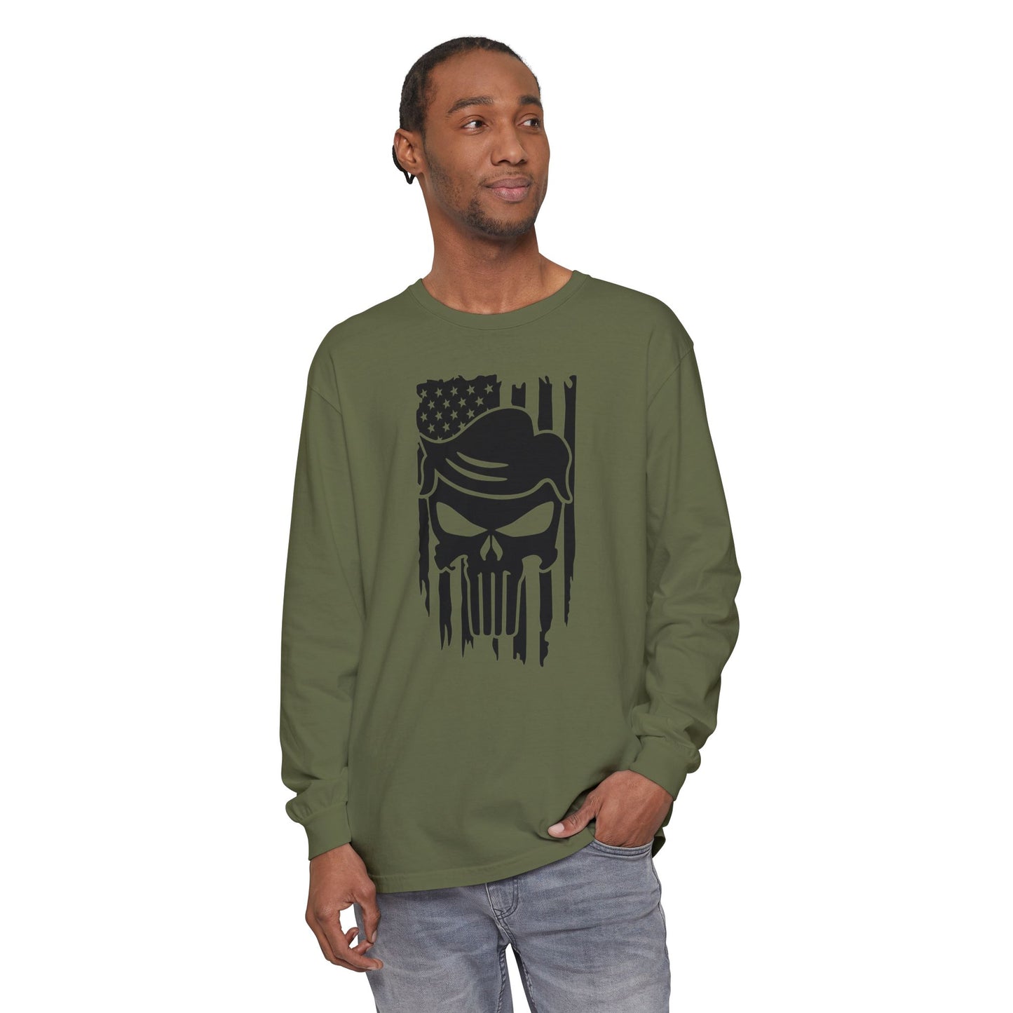 Trump-Patriot Skull & Flag Design - Unisex Long Sleeve T-Shirt - Skull Design with American Flag