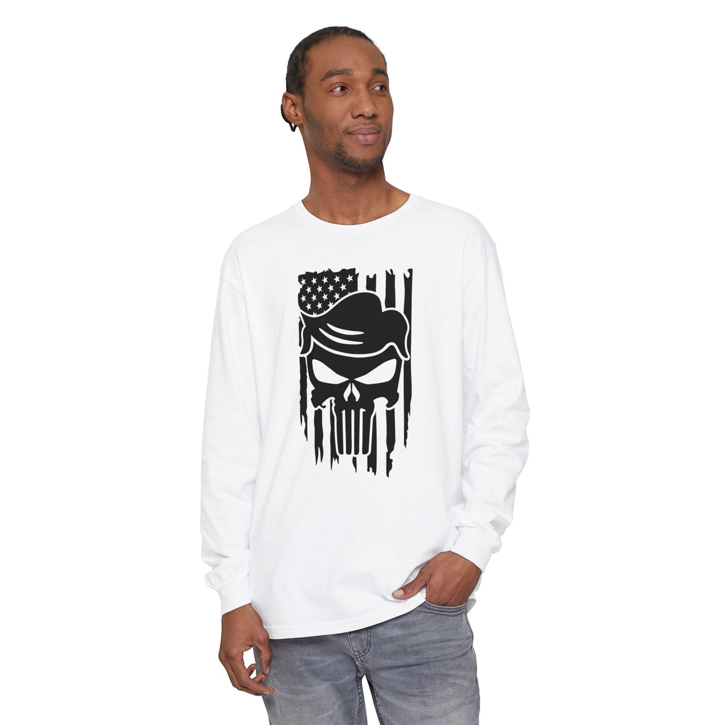 Trump-Patriot Skull & Flag Design - Unisex Long Sleeve T-Shirt - Skull Design with American Flag